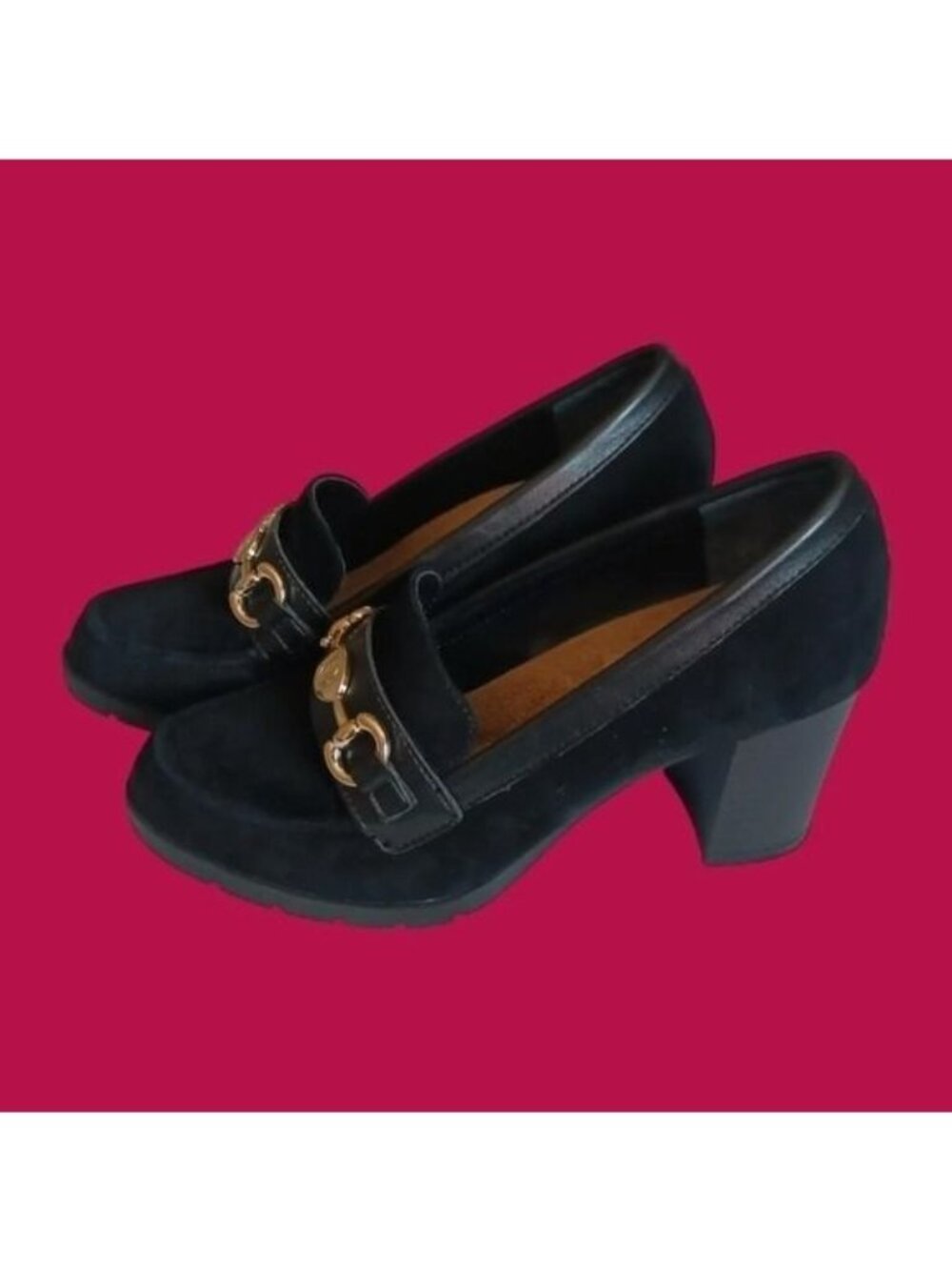 Giani Bernini Women’s Suede Loafer Pumps Gold Horsebit Block Heel Black Size 5M - Picture 5 of 14